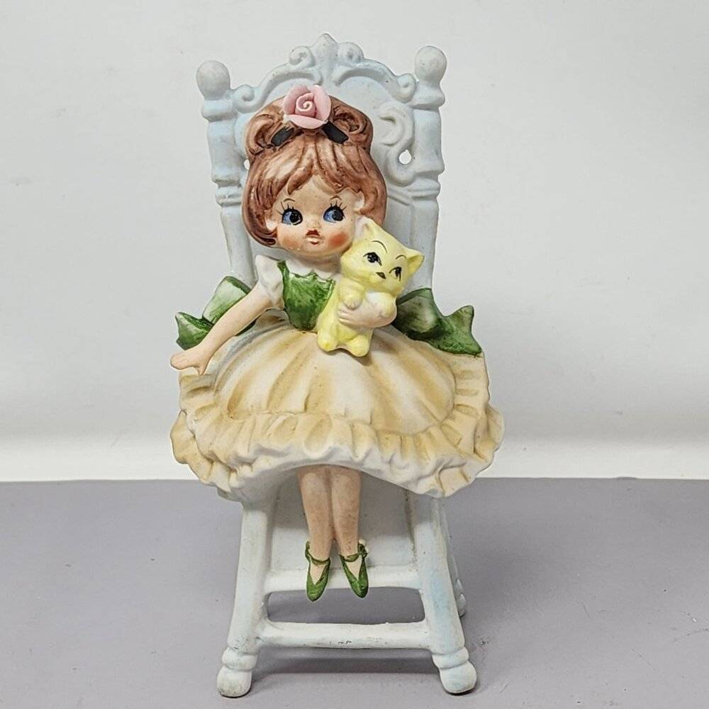 Vintage Lefton Ceramic Girl‎ Figurine With Cat Sitting On Chair